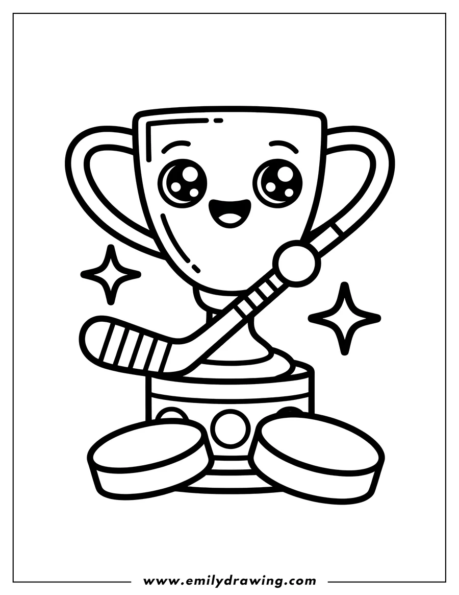 Line art of a cheerful hockey trophy holding a hockey stick, standing on hockey pucks.