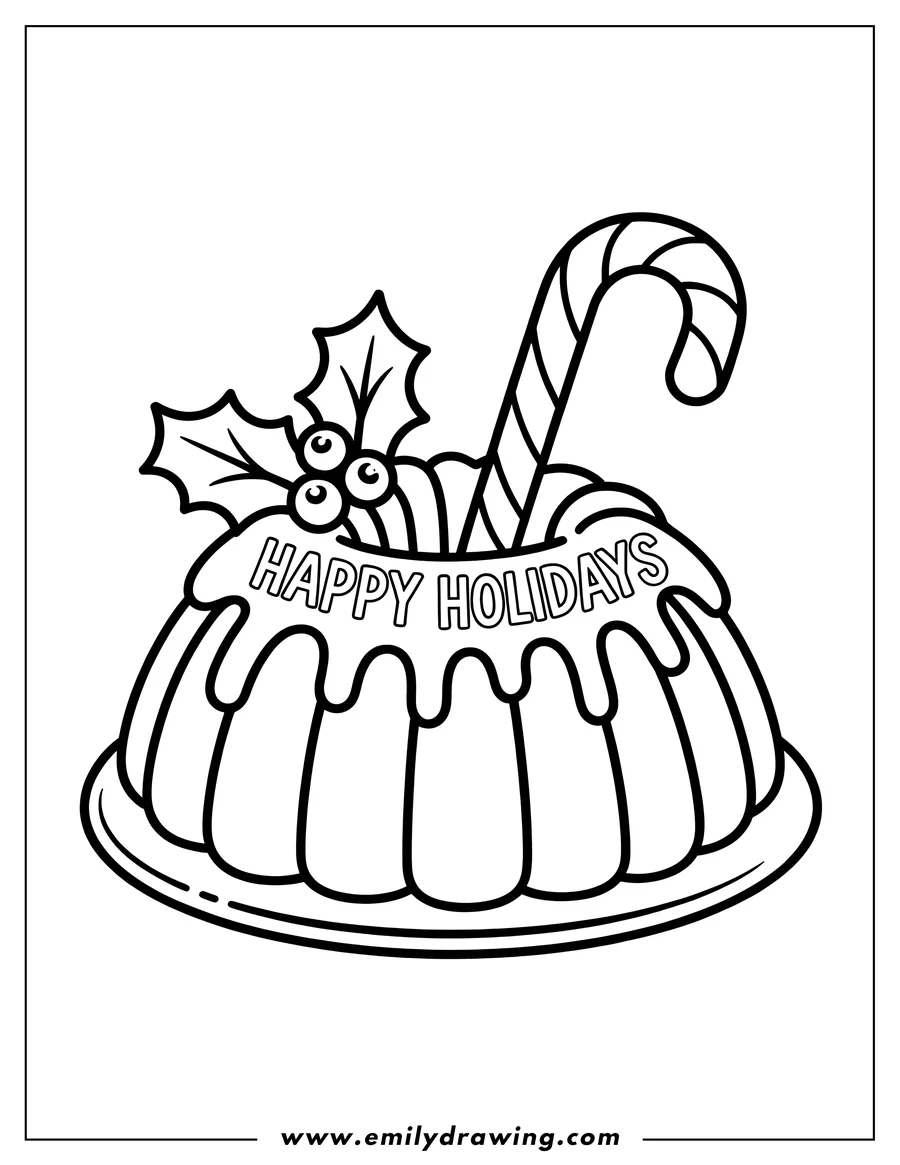 Outline of a holiday cake decorated with a candy cane, holly berries, and icing that reads 'Happy Holidays'