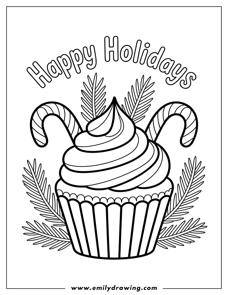 Line art of a cupcake decorated with candy canes and pine branches for the holidays.