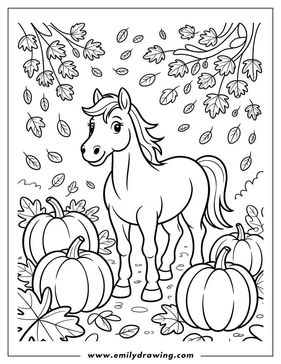 Outline of a cartoon horse standing in a fall scene surrounded by large pumpkins and various autumn leaves falling from tree branches overhead.
