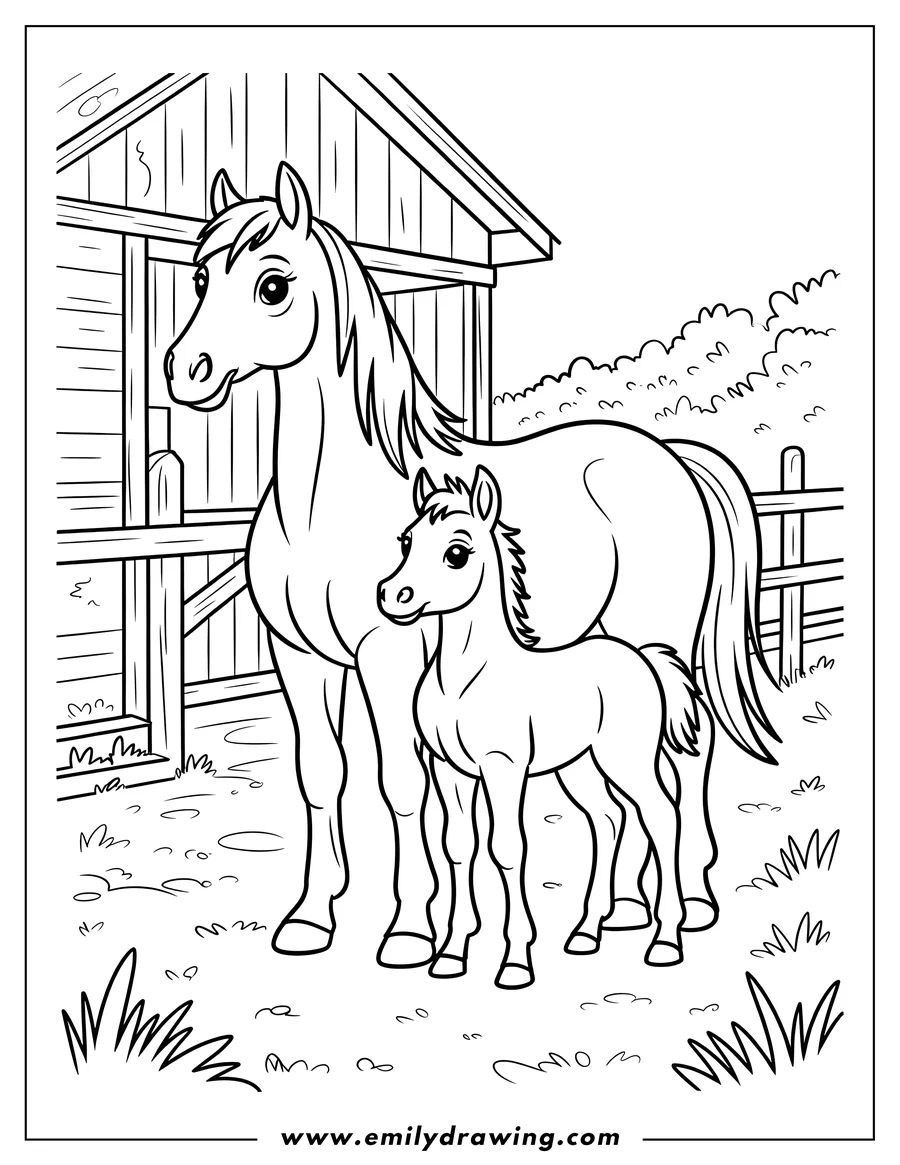 Line art of an adult horse (mare) standing next to a small, young foal in a grassy field next to a wooden stable and fence.