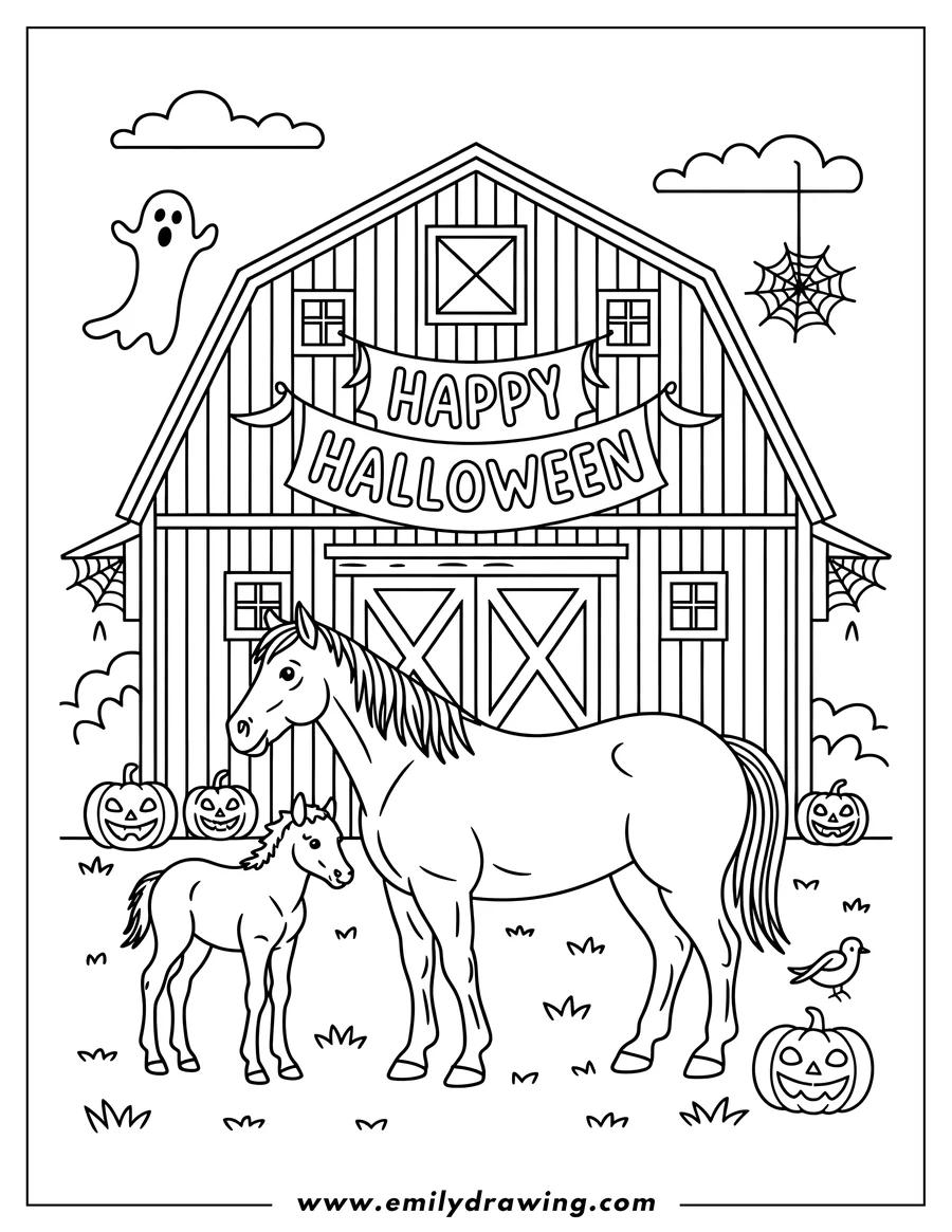 Line art of an adult horse and a young foal standing in front of a wooden barn decorated for Halloween with a banner, pumpkins, a ghost, and spiderwebs.