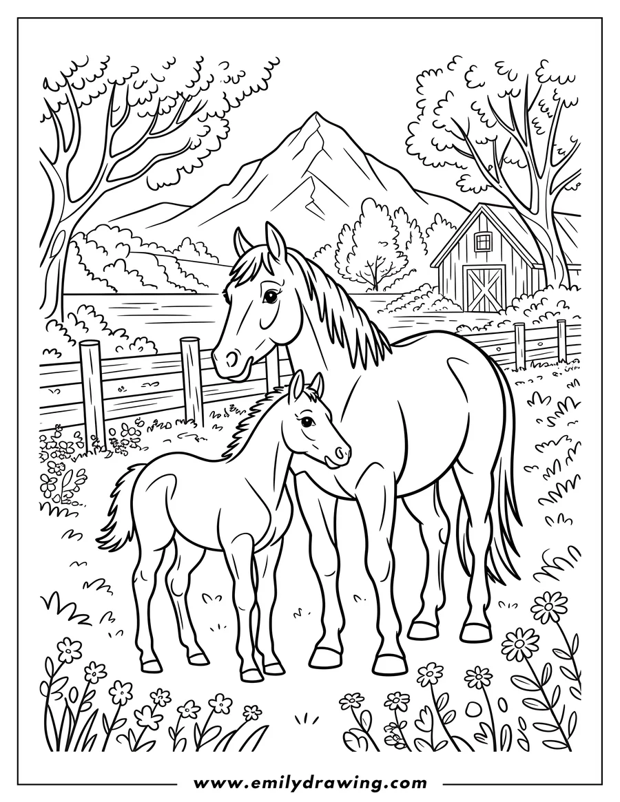 Line art of a horse and foal standing together in a grassy pasture near a wooden fence and barn, with tall mountains in the background.