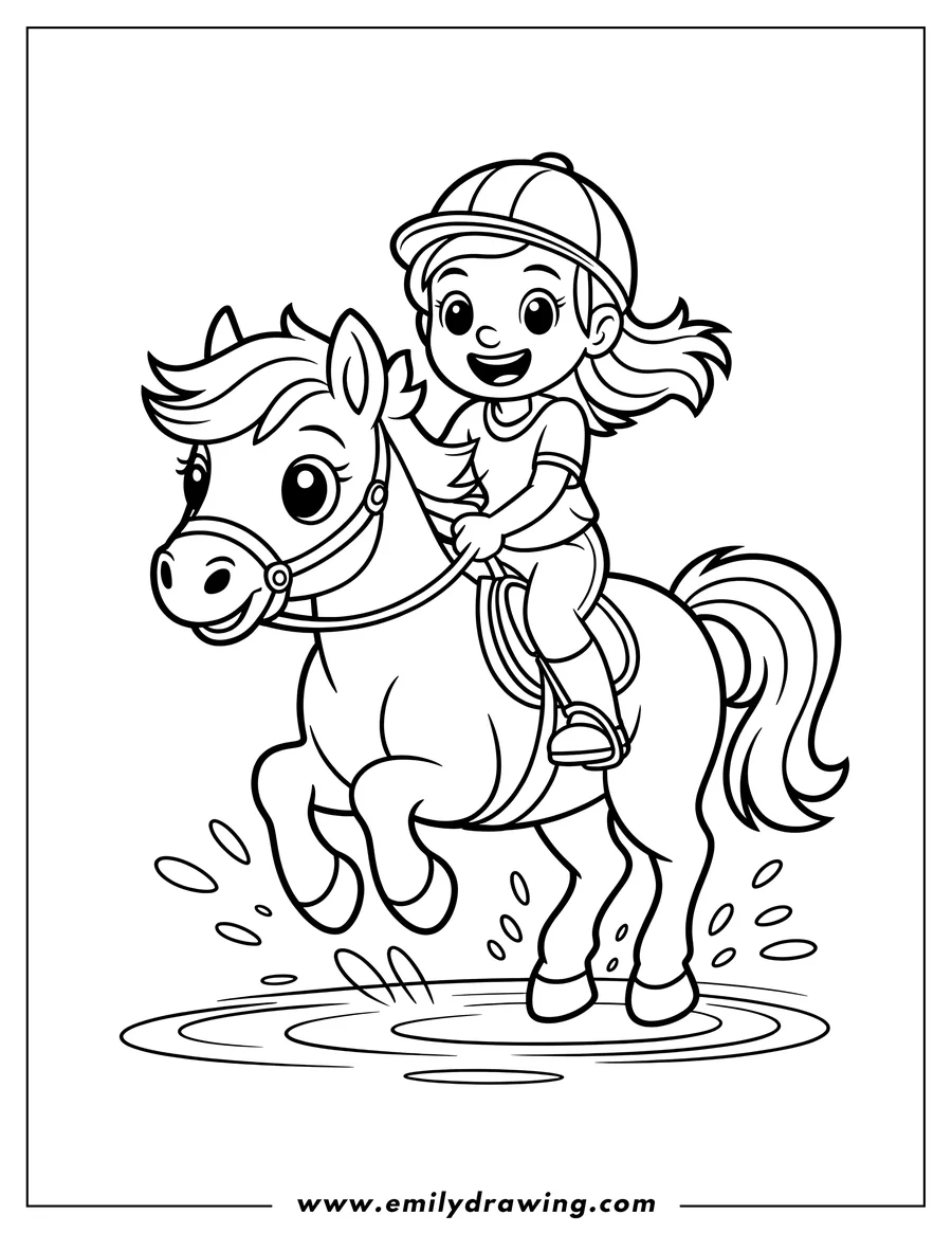 Line art of a cartoon girl wearing a helmet and riding gear, happily mounted on a galloping horse. The horse is splashing through a puddle of water.