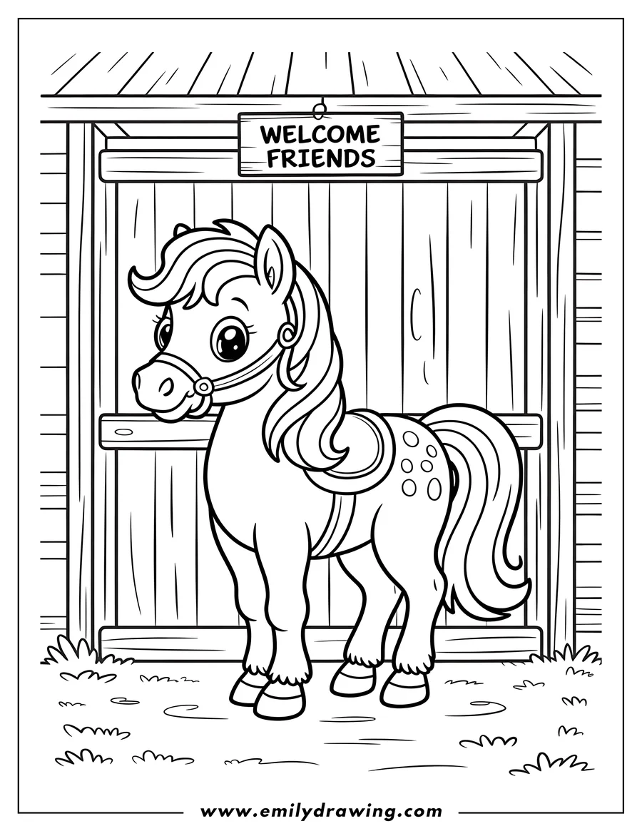 Outline of a cartoon horse or pony wearing a bridle and saddle pad, standing in front of a wooden barn stall door with a 'Welcome Friends' sign above.