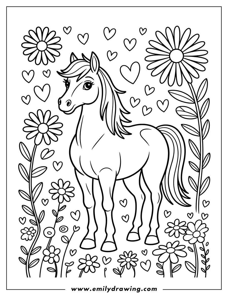 Outline of a majestic horse standing surrounded by tall daisy flowers and floating hearts in a magical field.