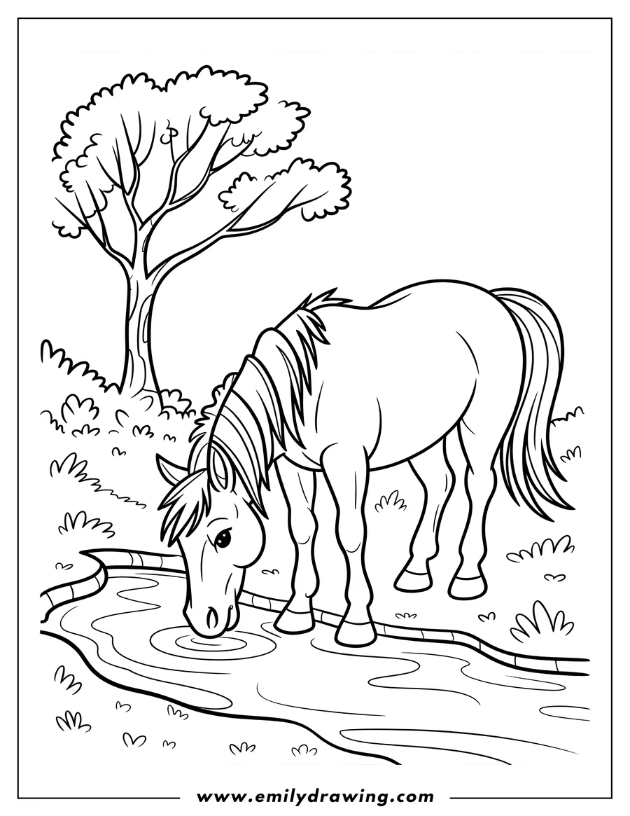 Outline of a horse standing by a stream, bending its head down to drink water. A large, bushy tree stands in the background.