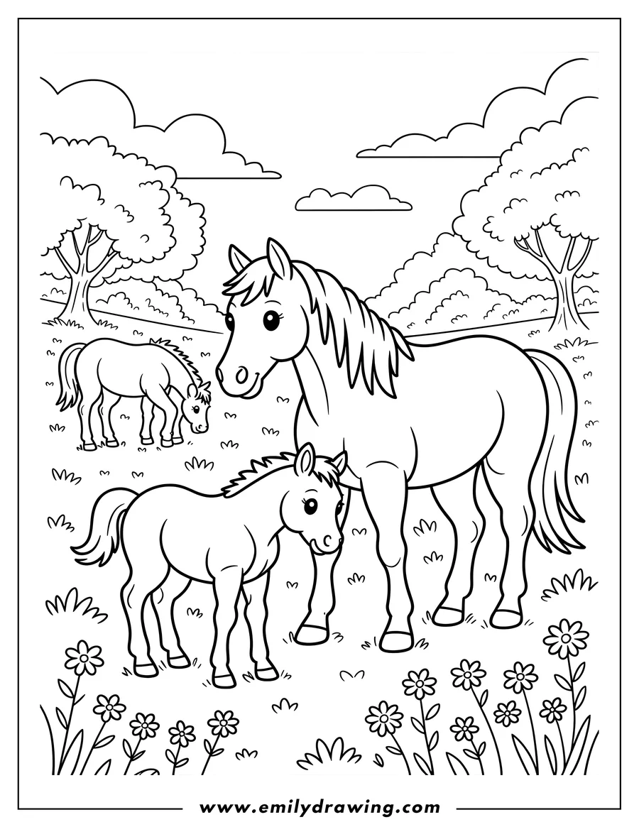 Outline of a mother horse (mare) and her foal standing close together in a grassy meadow filled with flowers, with another horse grazing in the background.