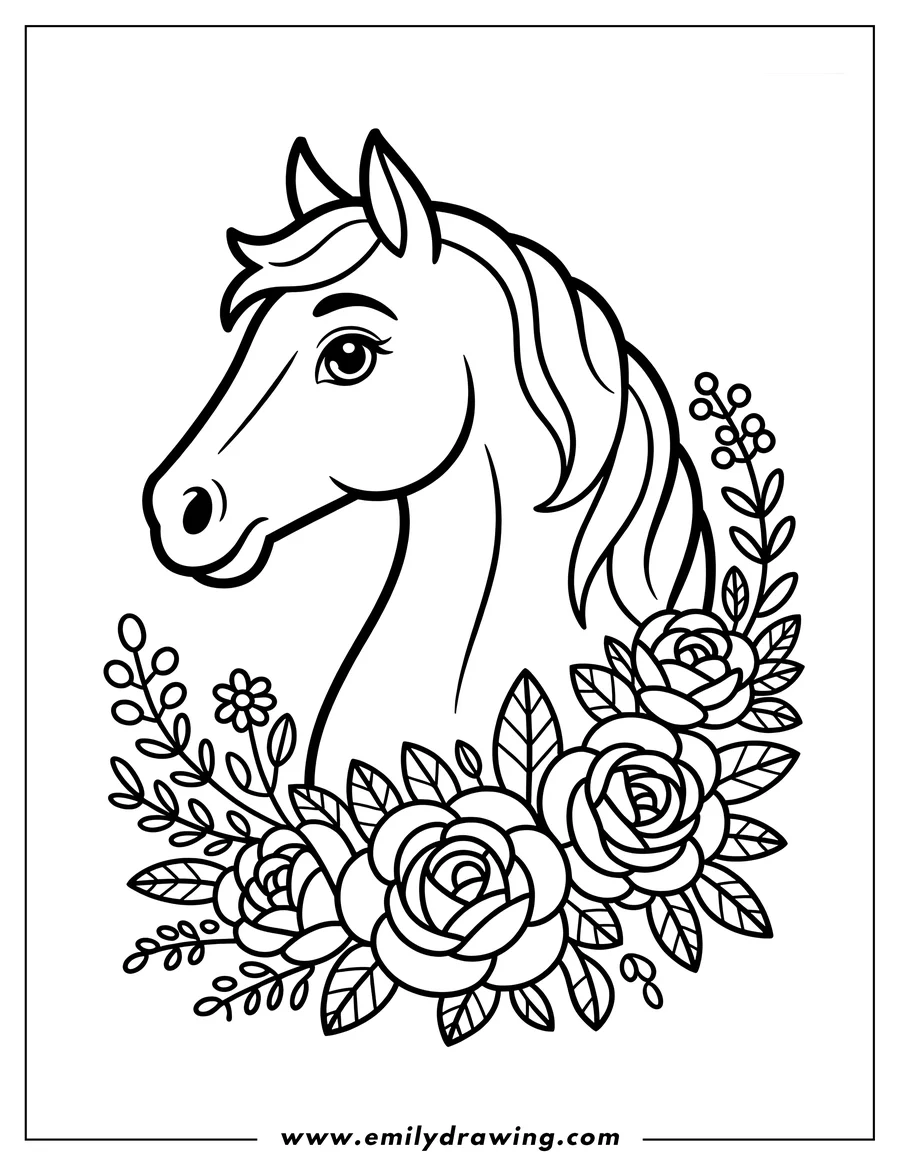 Outline of a horse head framed by a decorative floral wreath featuring large roses, leaves, and berry clusters.