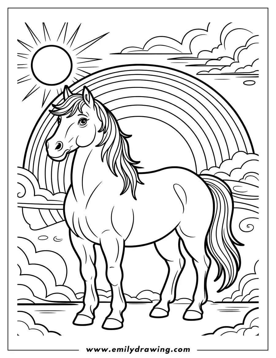 Outline of a majestic horse standing proudly, set against a background featuring a large, layered rainbow, fluffy clouds, and the shining sun.