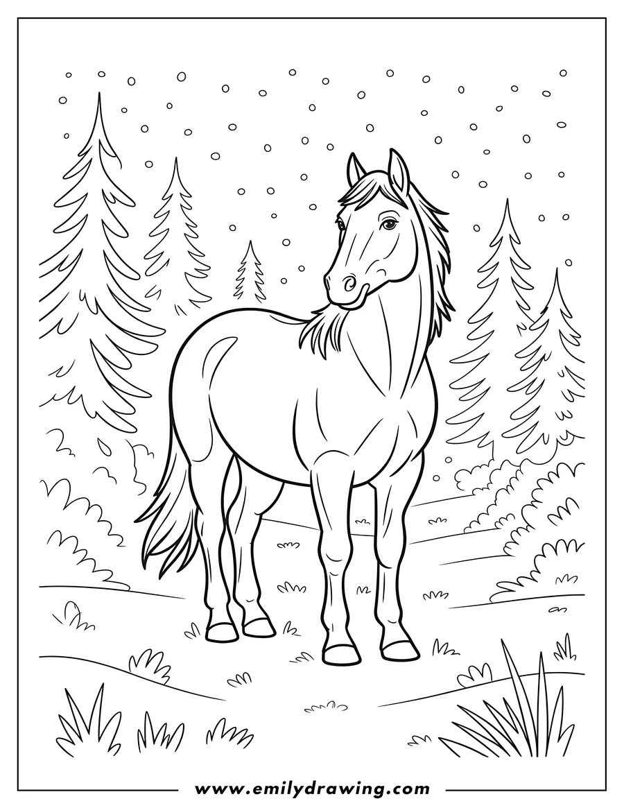 Line art of a majestic horse standing still in a snowy forest clearing. The background shows tall pine trees and gentle snowfall.