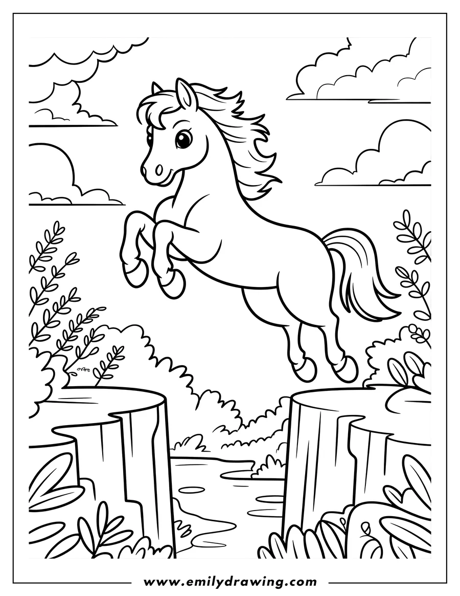 Outline of a cartoon horse leaping high across a large chasm between two steep, rocky cliffs with a river below.