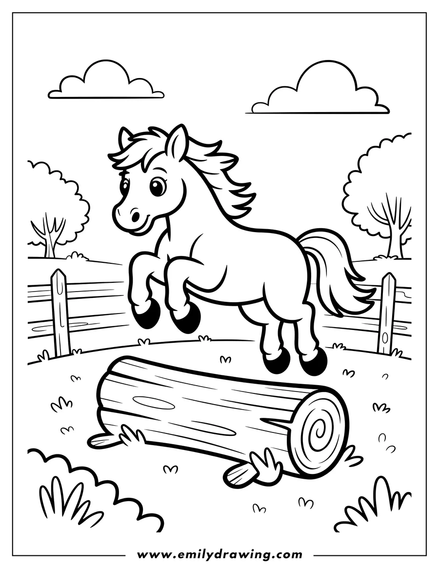 Outline of a cartoon horse mid-jump, leaping over a large log obstacle in a fenced grassy paddock.