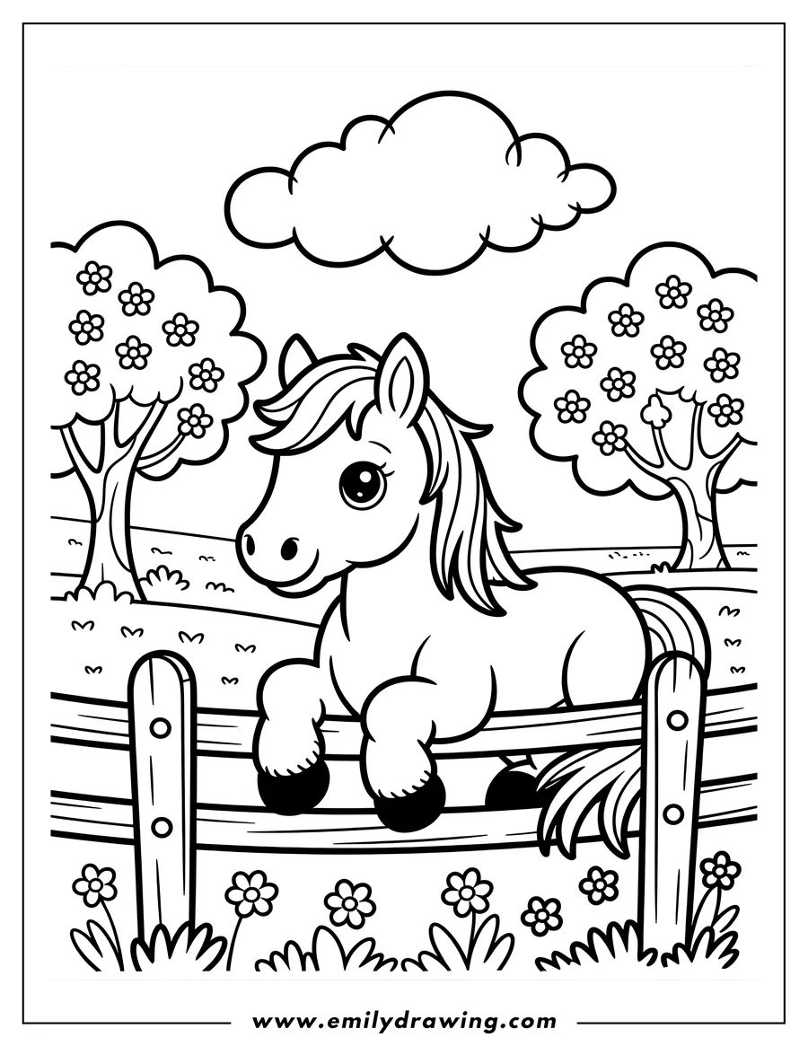 Outline of a friendly, cartoon-style horse resting its front legs over a wooden fence in a grassy pasture with flowering trees and a cloud.