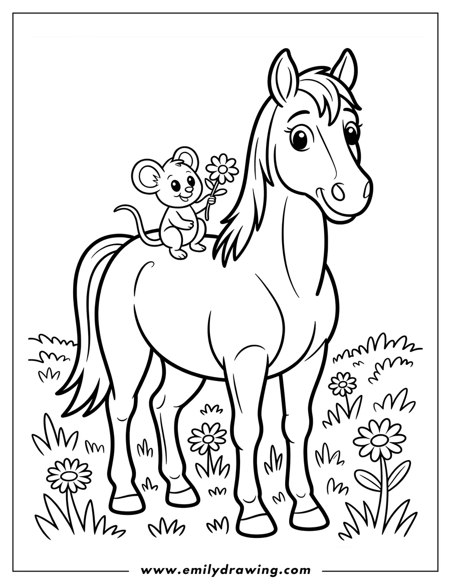 Line art of a friendly cartoon horse standing in a field of daisies, carrying a small mouse on its back. The mouse is holding a daisy flower.