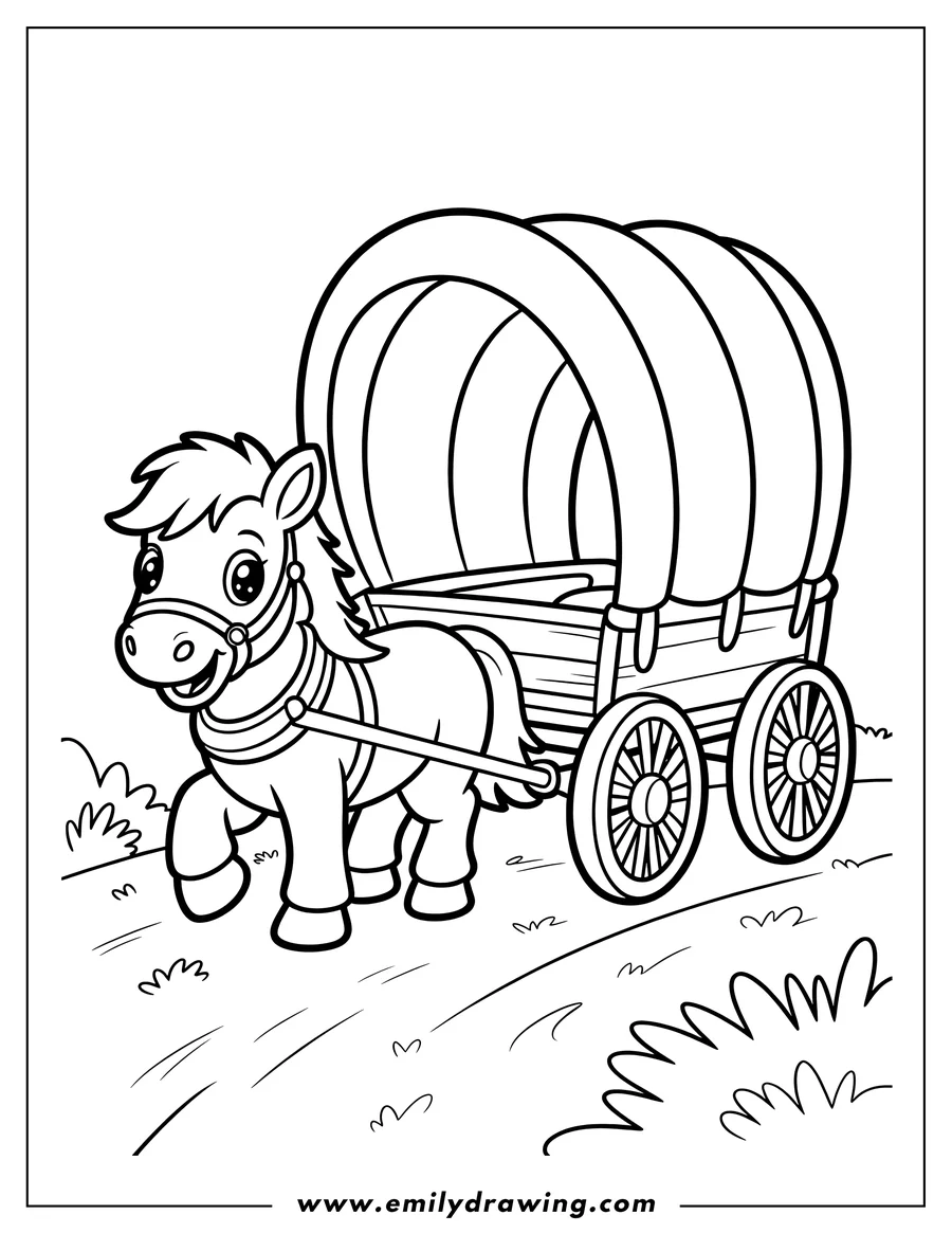 Outline of a cartoon horse harnessed and pulling a large covered wagon across a grassy path, suitable for a pioneer or Wild West theme.