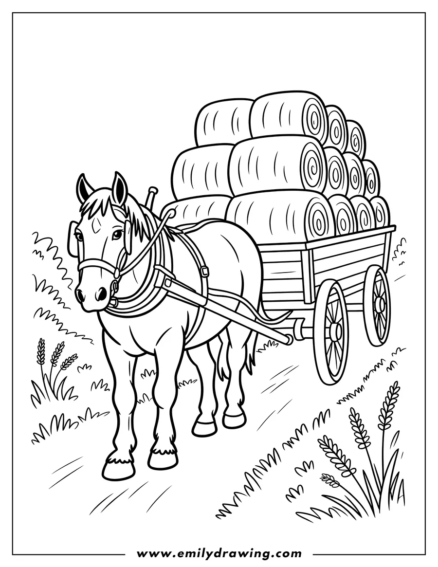 Outline of a draft horse harnessed and pulling a wooden wagon heavily loaded with stacked hay bales across a field.