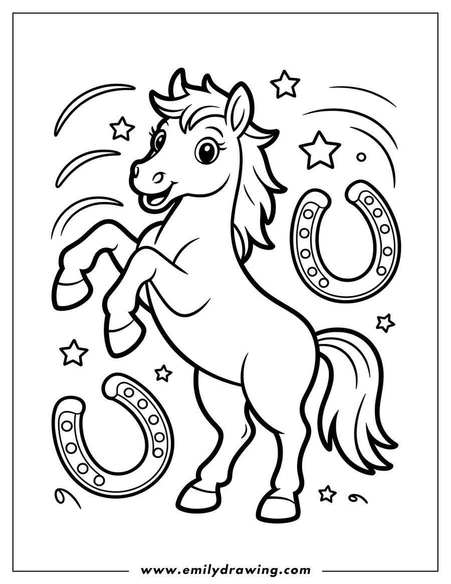 Line art of a cheerful cartoon horse rearing up on its hind legs. The horse is surrounded by several stars and two large, decorative horseshoes.