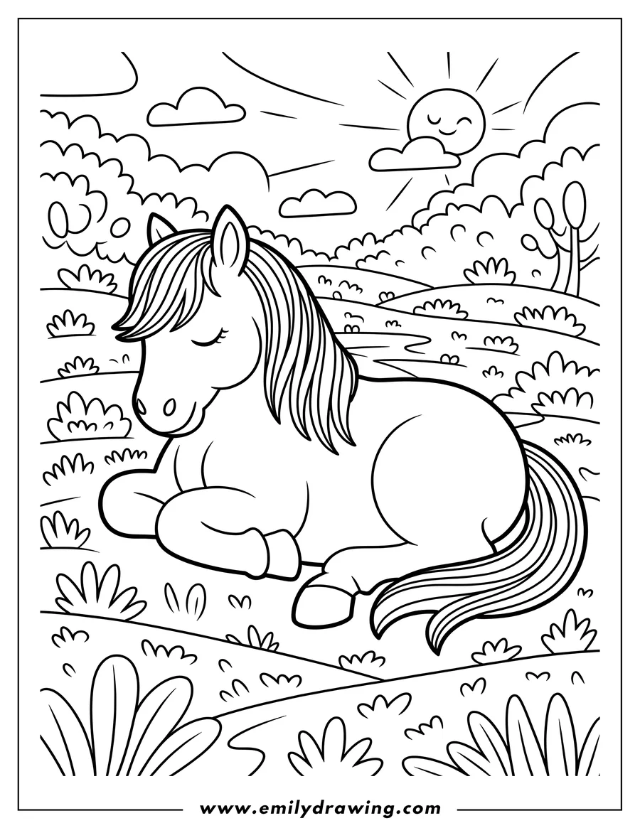Outline of a cartoon horse lying down and resting peacefully in a grassy field with rolling hills under a smiling sun.