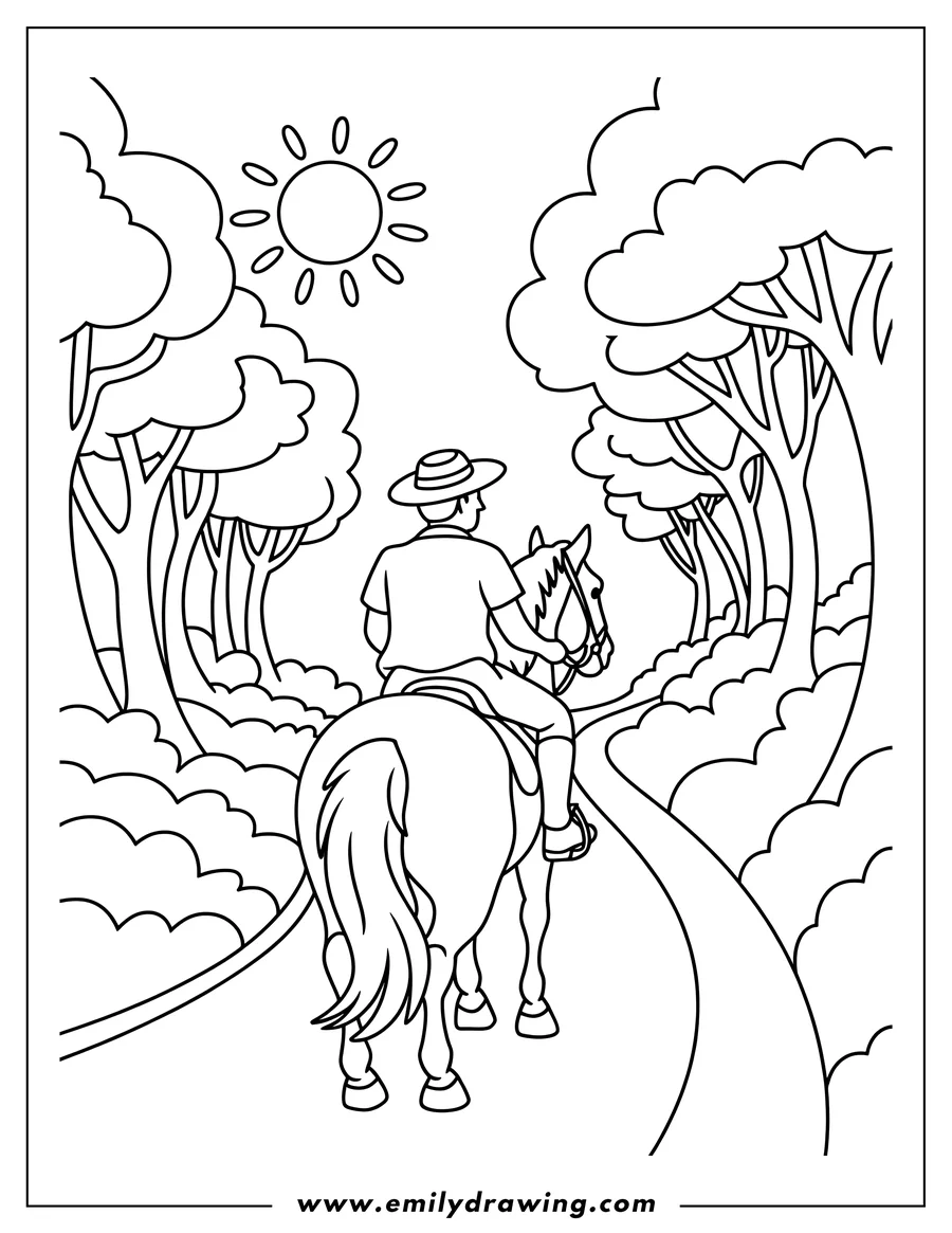 Outline of a person wearing a hat and boots riding a horse down a winding path through a dense, sunny forest.