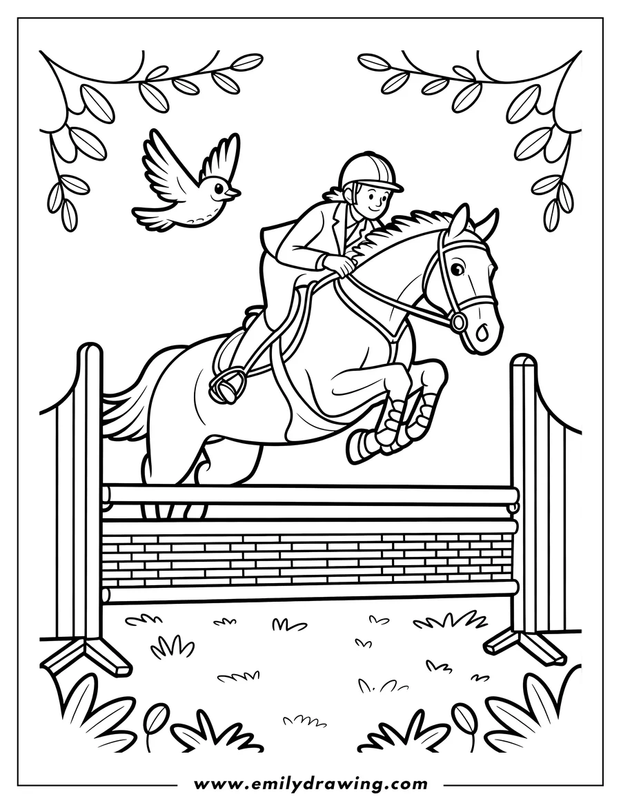 Line art of a horse and rider in full equestrian gear performing a show jump over a brick fence obstacle outdoors.