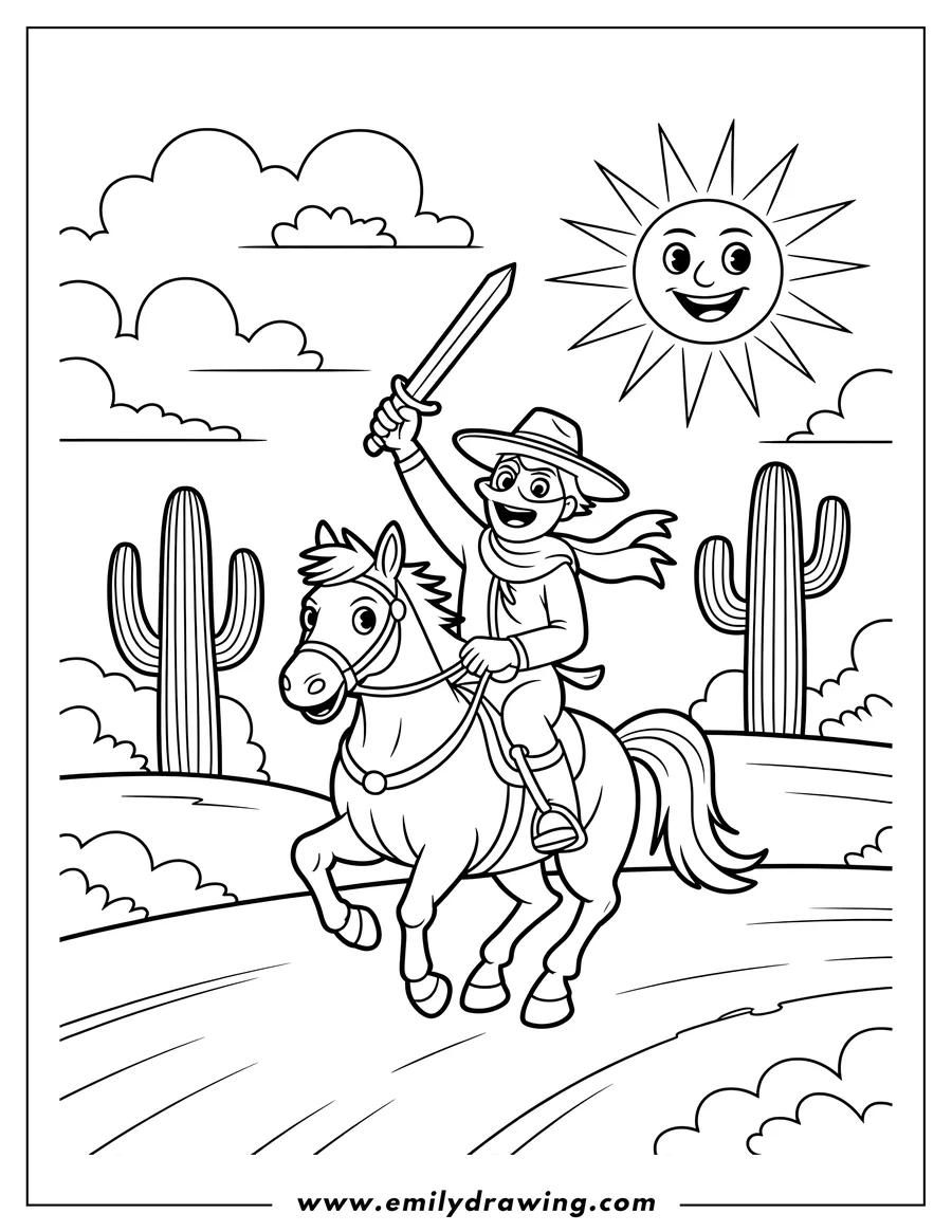 Line art of an adventurous rider (cowboy/hero) on a galloping horse, holding a sword raised high. The scene is set in a desert landscape featuring large saguaro cacti and a smiling sun.
