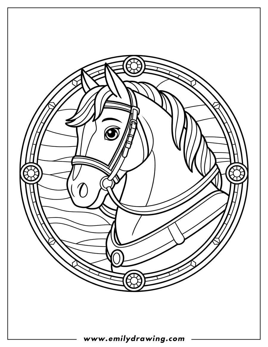 Line art of a horse's head in a circular stained-glass style frame.