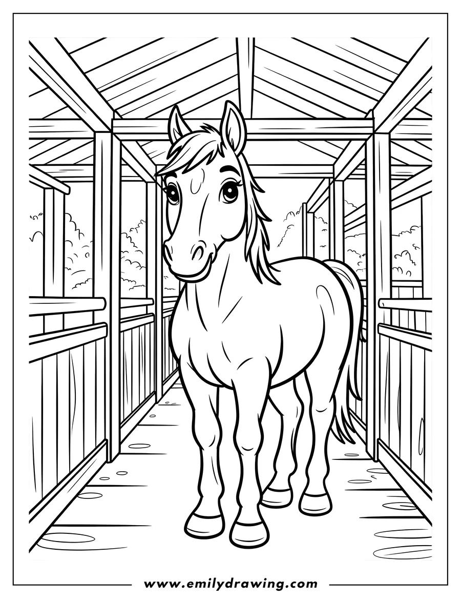 Outline of a friendly cartoon horse standing in the aisle of a wooden stable or barn, framed by the stall fencing.