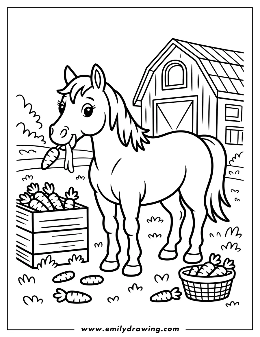 Outline of a friendly cartoon horse standing in a farmyard with a carrot in its mouth. The horse is next to a wooden crate full of carrots, and a large barn is visible in the background.