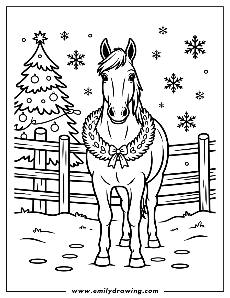 Line art of a horse standing in the snow, wearing a festive Christmas wreath around its neck, positioned next to a wooden fence and a decorated pine tree.