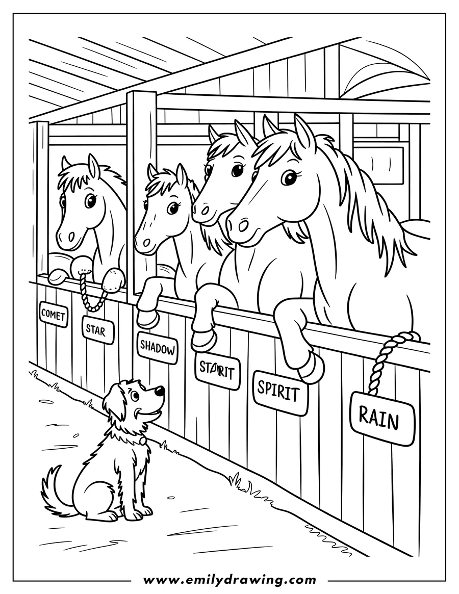 Line art showing five cartoon style horses leaning over the walls of their stable stalls. A friendly dog sits below them, looking up at the horses.