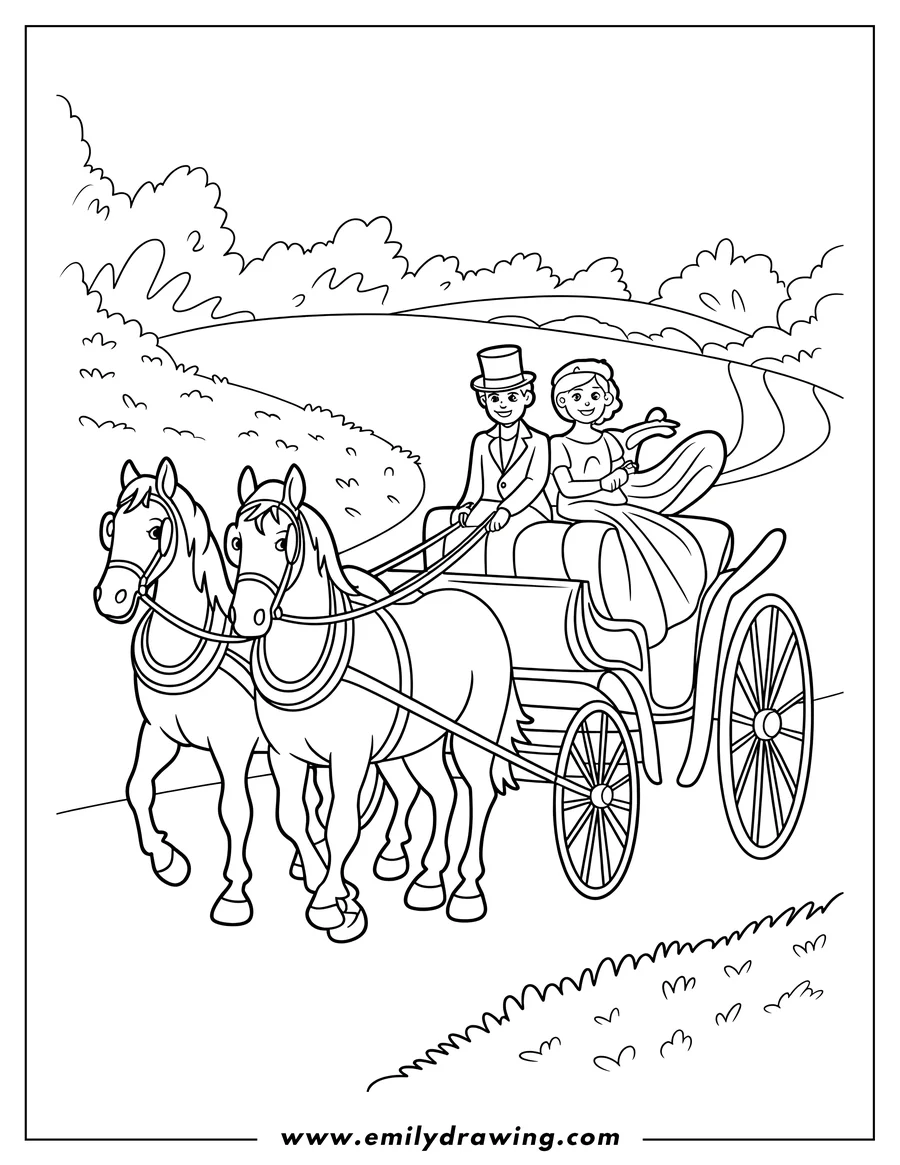 Line art featuring two harnessed horses pulling a vintage carriage with a driver and a female passenger traveling on a winding road through the countryside.