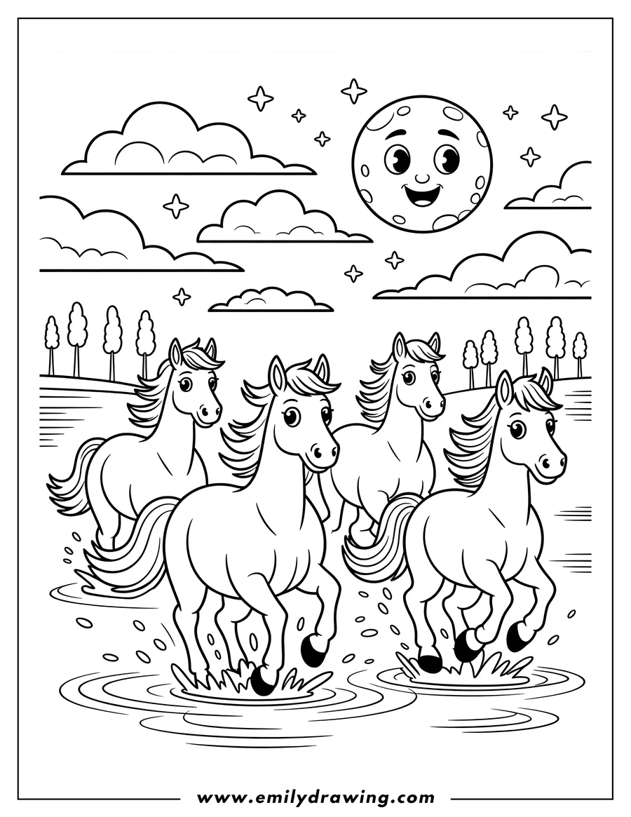 Outline of four cartoon horses galloping and splashing through shallow water at night. A smiling full moon, clouds, and stars are visible above the scene.