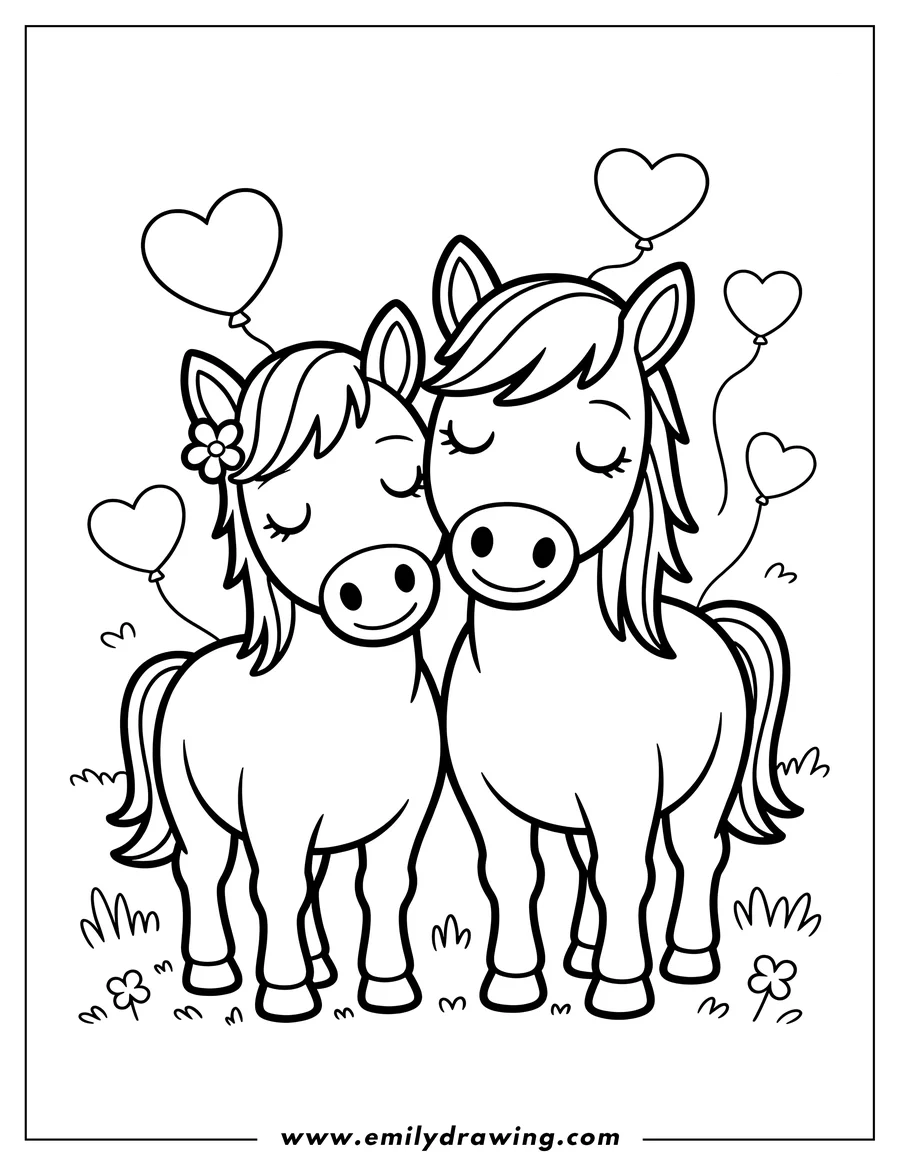 Outline of two cartoon horses standing side-by-side, nuzzling gently, surrounded by multiple floating heart-shaped balloons and grass.