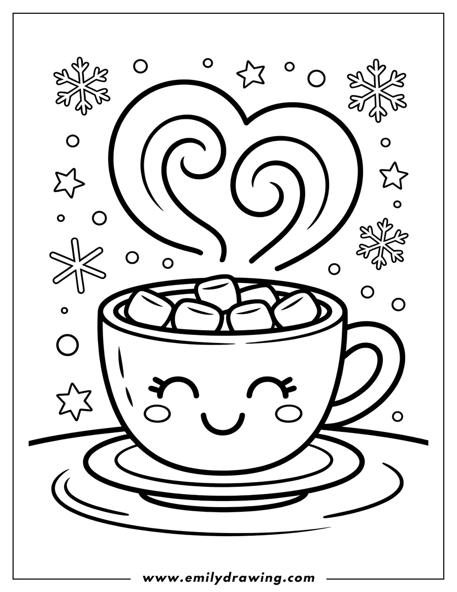 Line art of a happy hot cocoa mug filled with marshmallows, with heart-shaped steam rising and surrounded by snowflakes and stars.