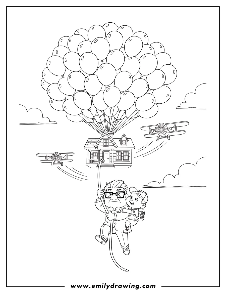 Line art of a house flying high in the sky, carried by a huge bunch of balloons. An old man and a young boy are hanging from a rope attached to the house. Two small airplanes fly nearby.