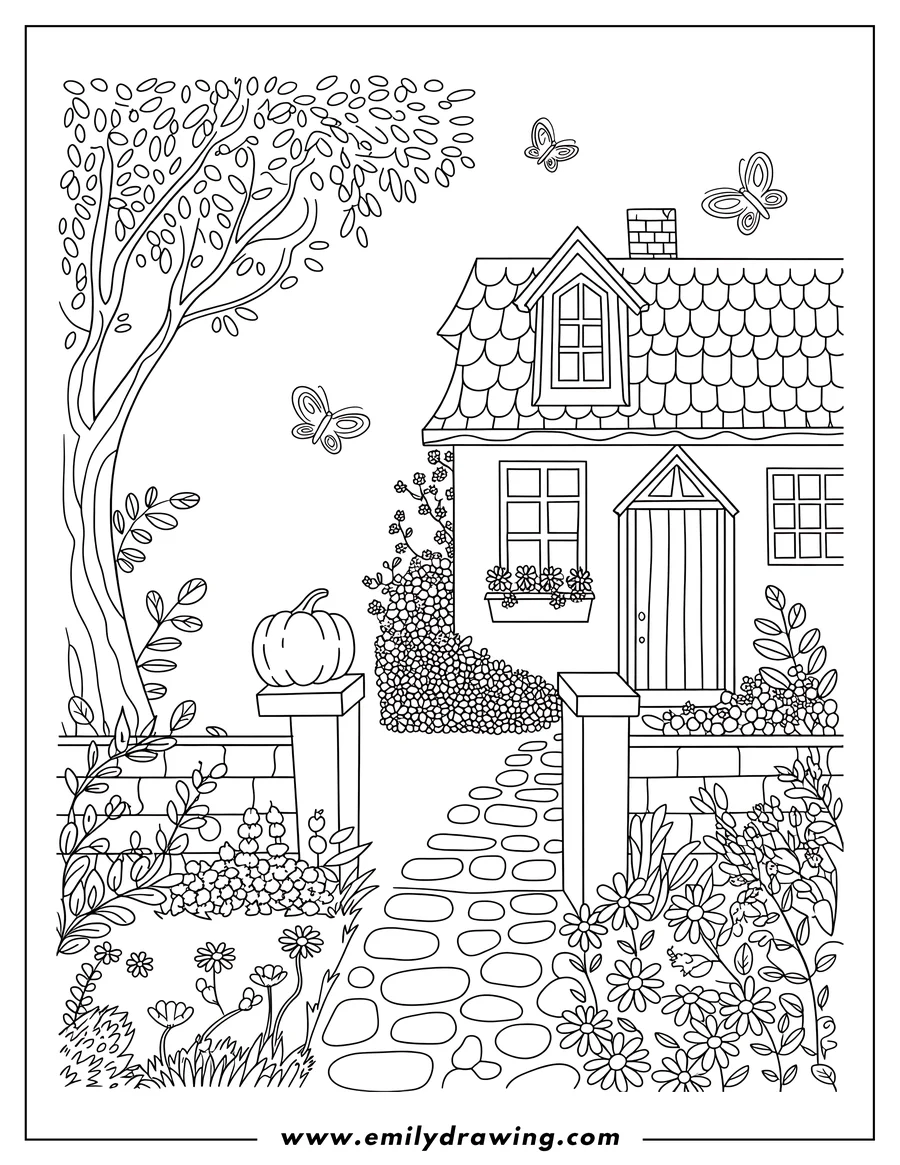 Outline of a charming house with a garden pathway leading to its front door, surrounded by a large leafy tree, bushes, and flowers, with butterflies flying overhead and a pumpkin on a stone pillar.