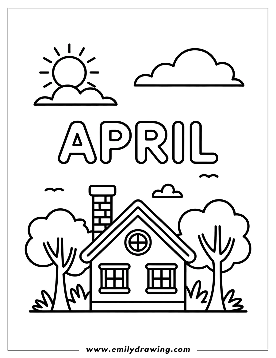 Line art of a house with a chimney, surrounded by trees, grass, and clouds under a shining sun. The word 