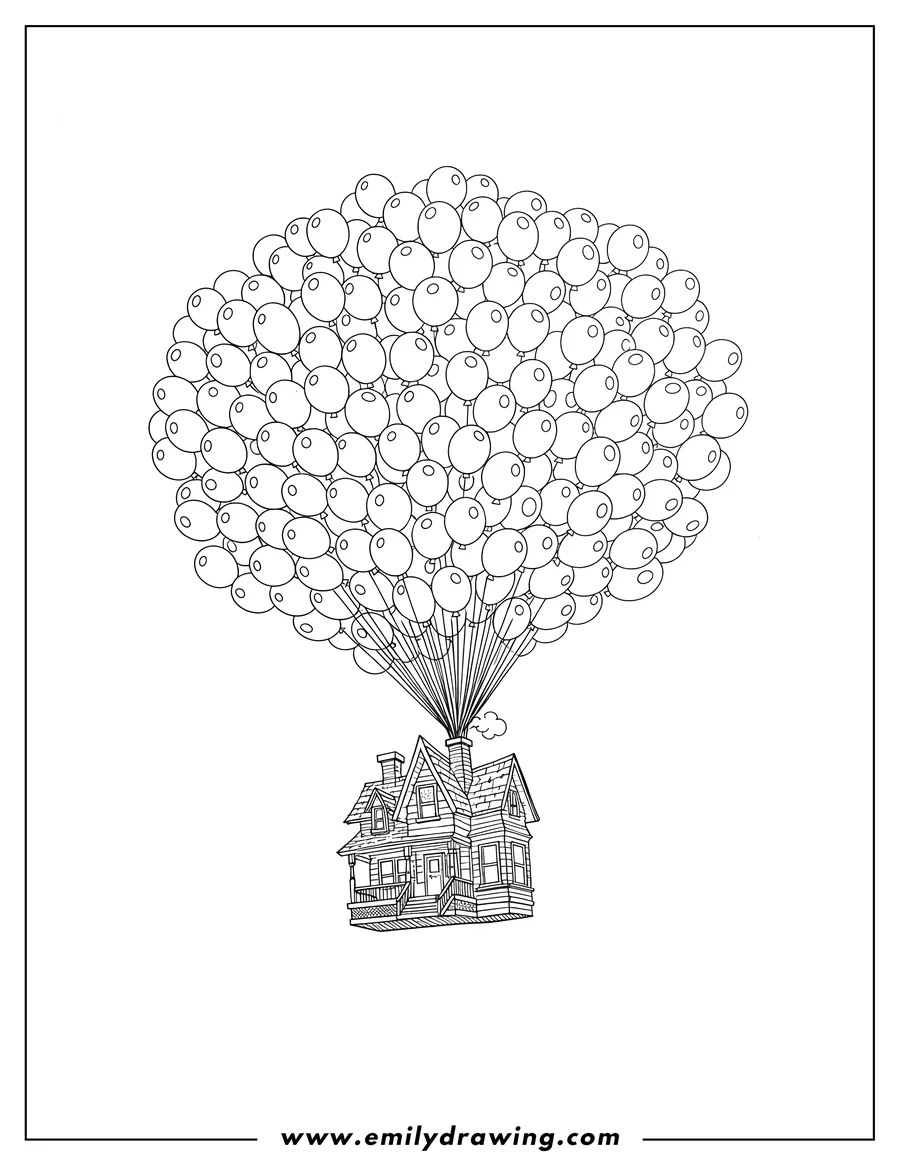 Line art of a house being lifted into the sky by a massive cluster of balloons tied to its chimney.