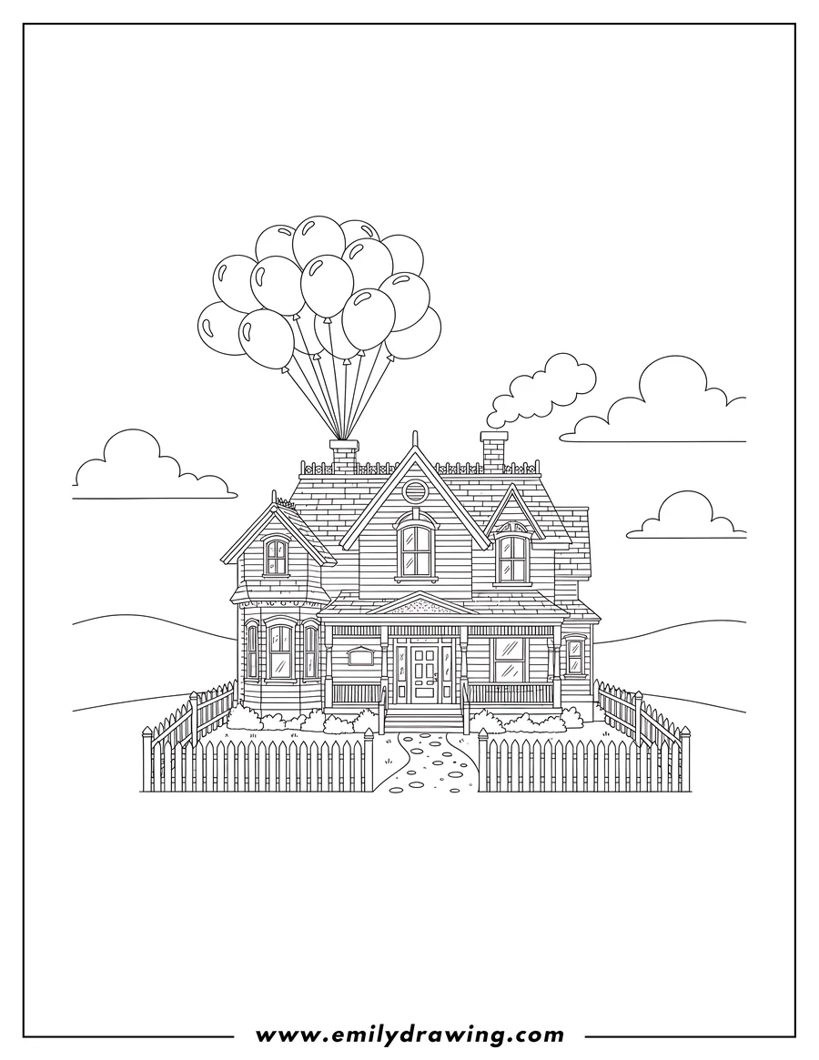 Line art of a large Victorian-style house with many balloons tied to its chimney, surrounded by a picket fence and distant hills.