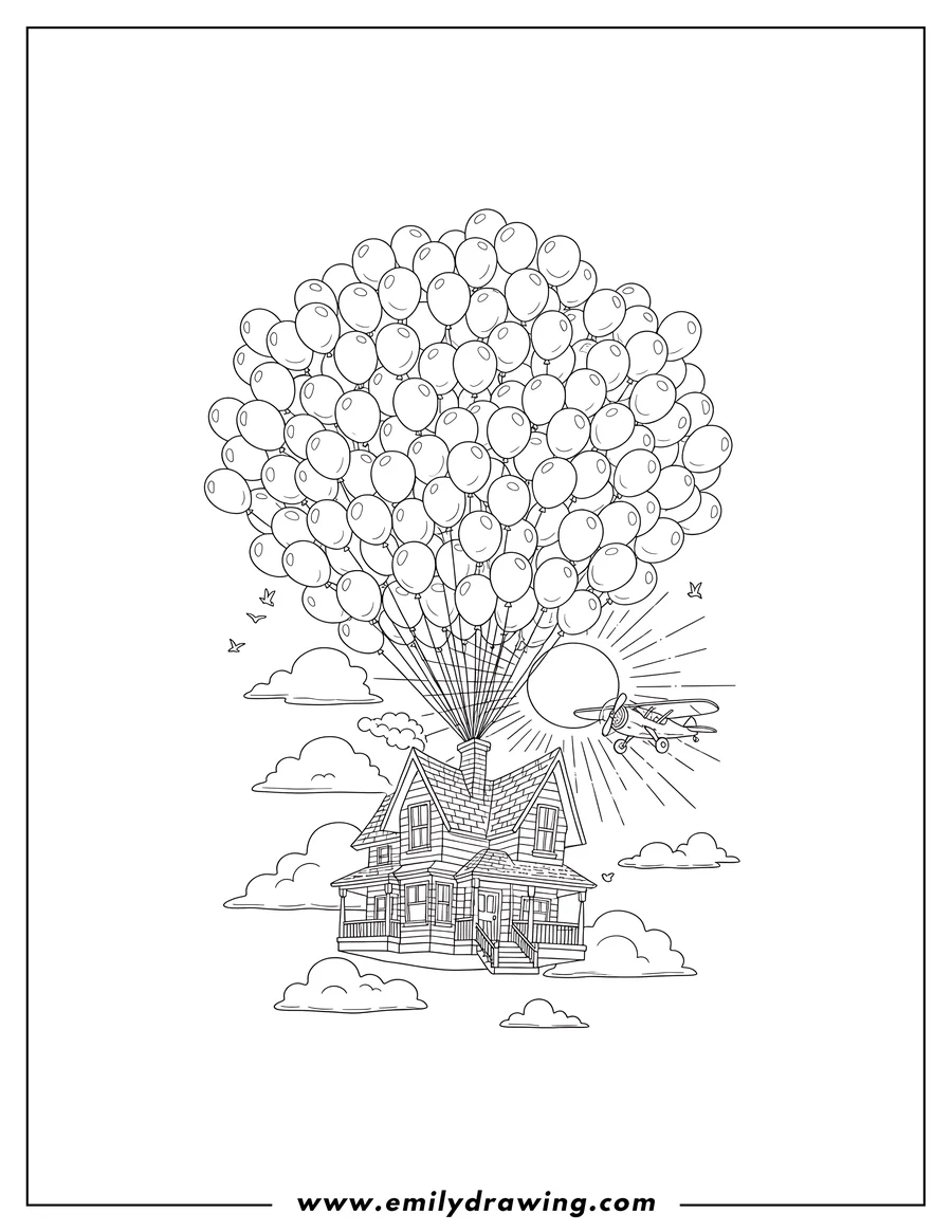 Line art of a house being lifted into the sky by a massive bunch of balloons, with a biplane flying past the sun in the background.