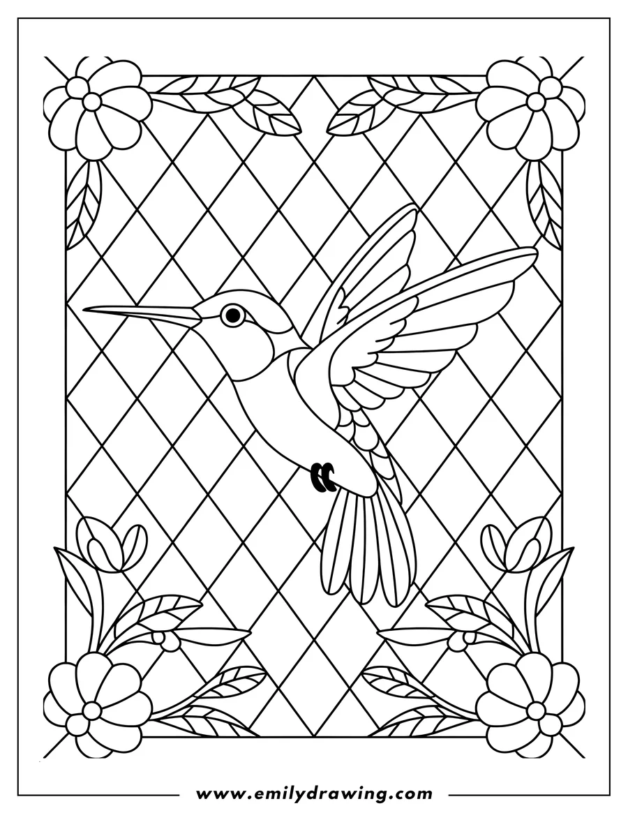 Line art of a hummingbird in a stained glass style with a diamond pattern background and flowers at each corner.