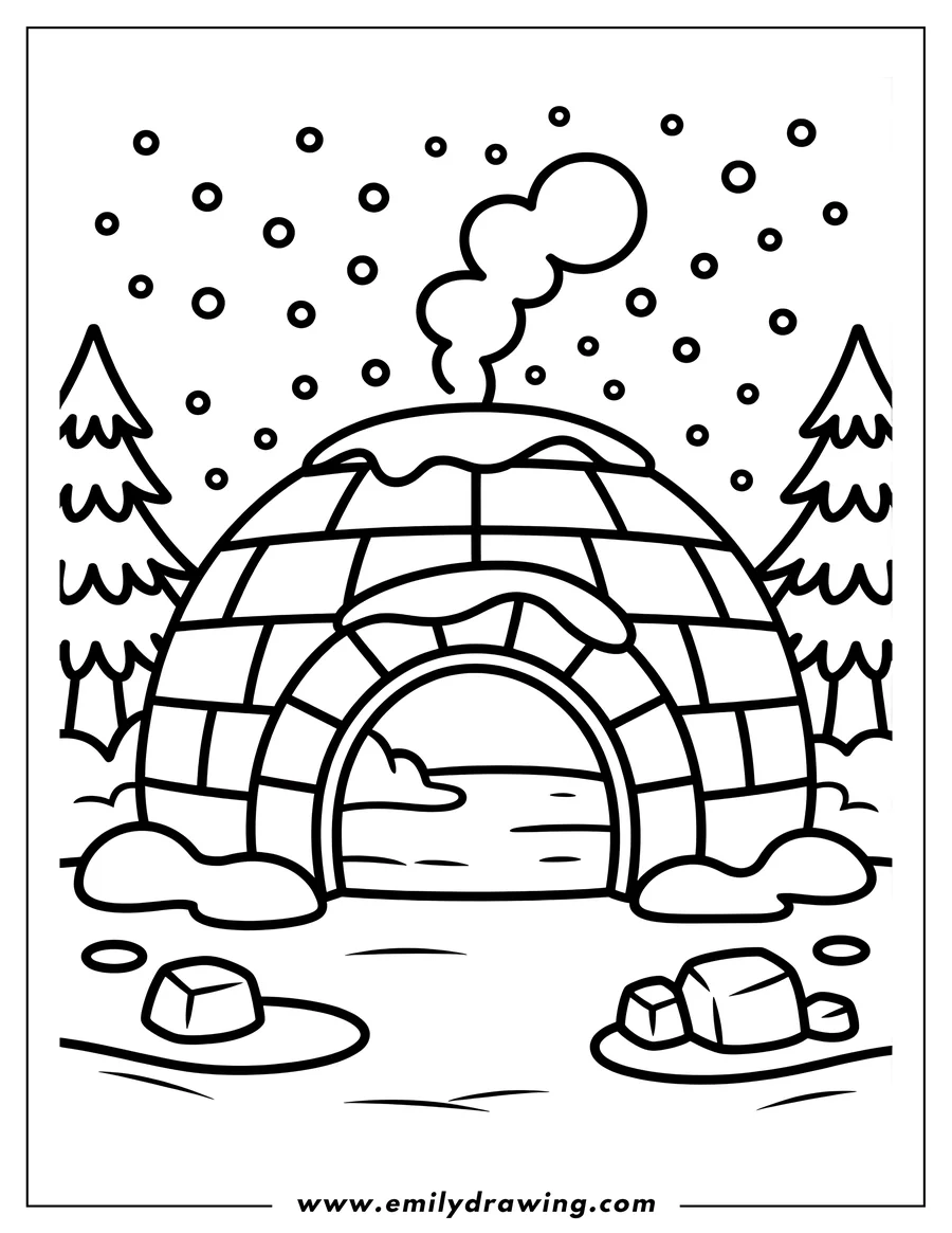 Outline of an igloo with snow falling, smoke rising from its top, and two pine trees in the background, all surrounded by snow and ice blocks.