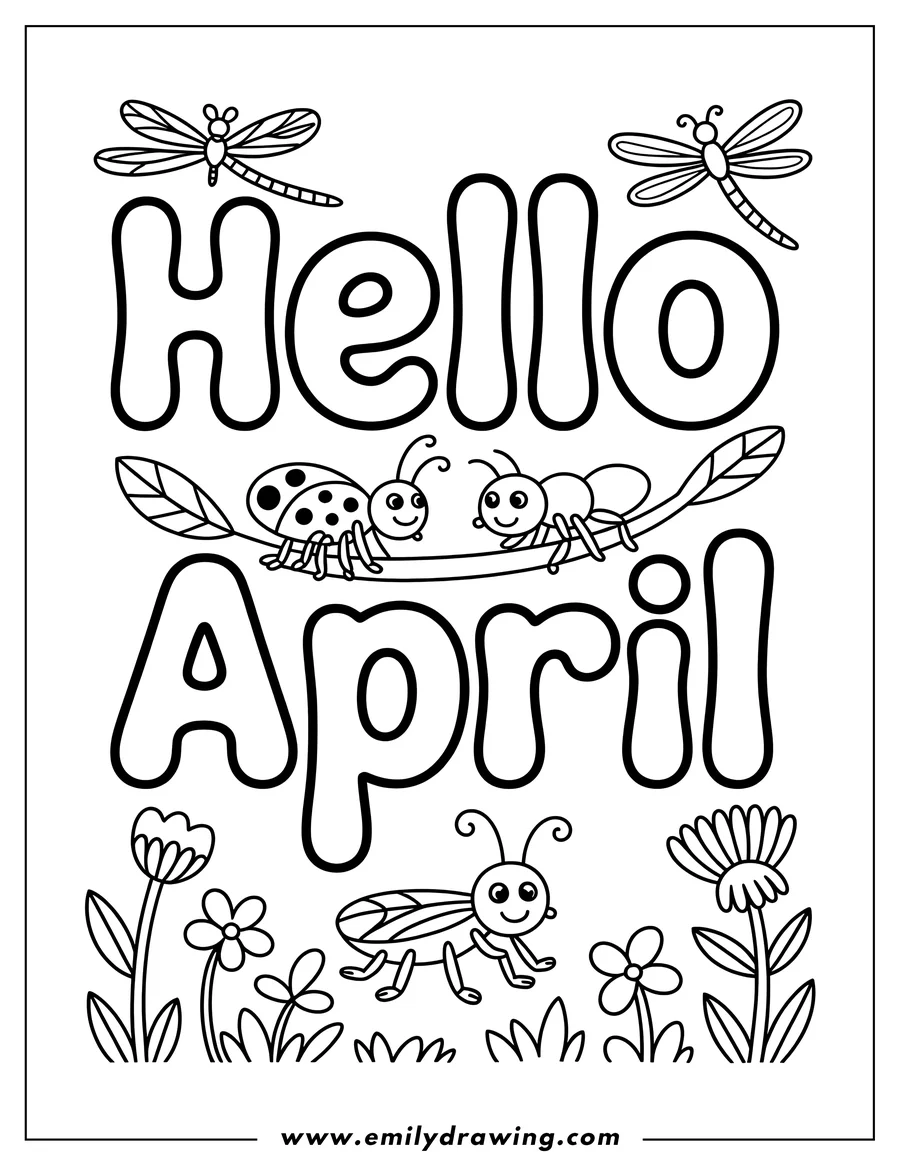 Line art of insects and flowers with the word April. There's a ladybug, an ant, two dragonflies, and simple flowers and grass. Perfect for an April coloring activity.