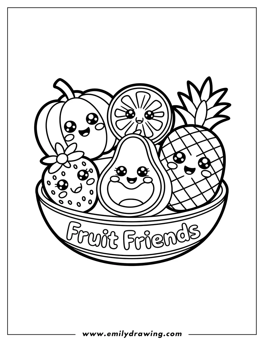 Line art of a kawaii avocado, pineapple, strawberry, pumpkin, and citrus slice grouped together in a fruit bowl labeled 'Fruit Friends'. All characters have happy faces and large, sparkling eyes.