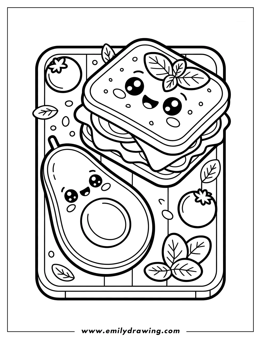 Line art of a cute, kawaii-style sliced avocado half and a layered sandwich, both featuring happy faces, resting on a wooden cutting board with two tomatoes and scattered leaves.
