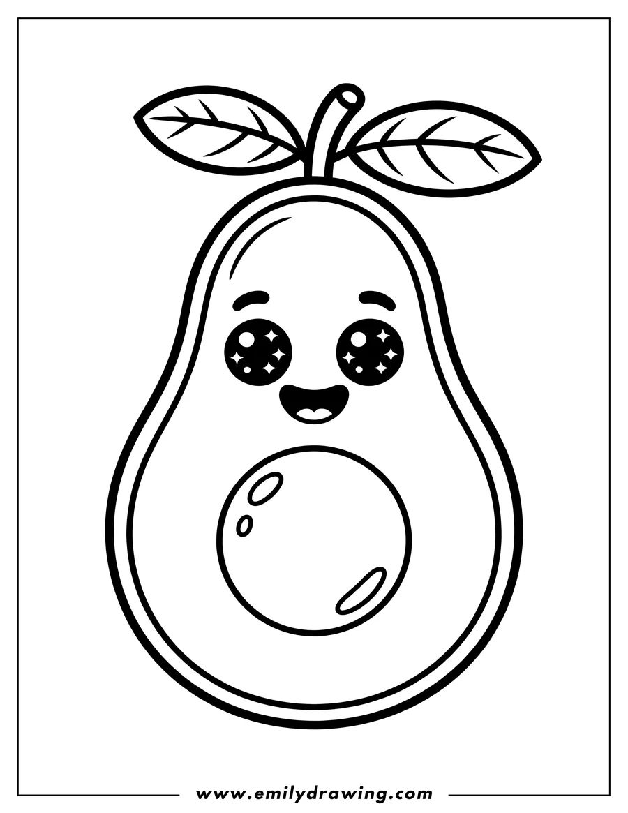 Outline of a cute, anthropomorphic avocado cut in half, featuring a large circular pit, a stem with two leaves, and large sparkling kawaii eyes.