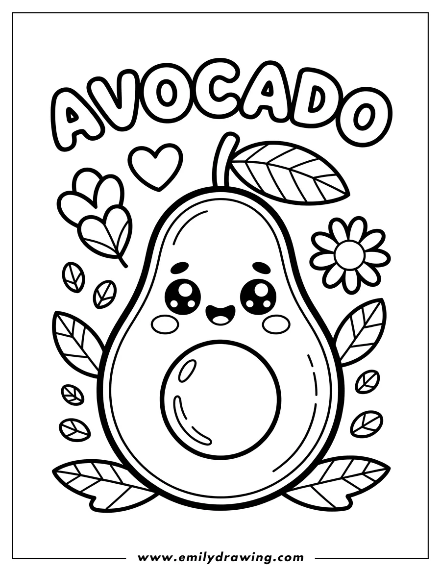 Line art of a halved avocado featuring a kawaii face (large eyes and smile). The fruit is surrounded by decorative leaves, small flowers, and a heart, with the word AVOCADO displayed above.