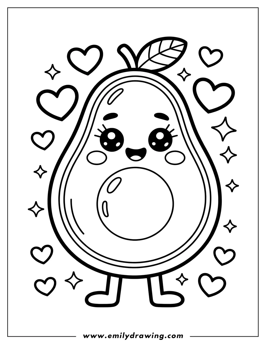 Outline of a cute, anthropomorphic avocado cut in half, standing on small feet. The kawaii-style avocado has large sparkling eyes and is surrounded by floating hearts and stars.