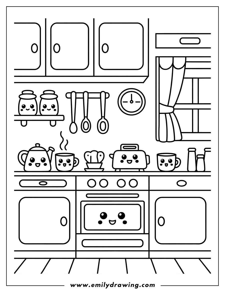 Line art outline of a detailed kitchen interior scene featuring a countertop, cabinets, and a window. The stovetop, oven, toaster, teapot, mugs, and spice jars all feature cute, smiling kawaii faces.